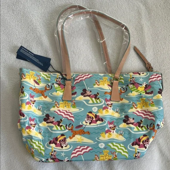 Disney Dooney & Bourke Summer Print Blue Tote with Tan Handles - Picture 3 of 6